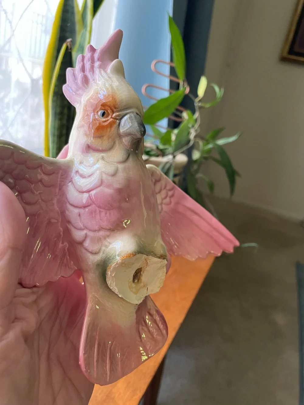 Wm Maddux California Pottery Pink Cockatoo on Stump with Magnolia Flower (broken